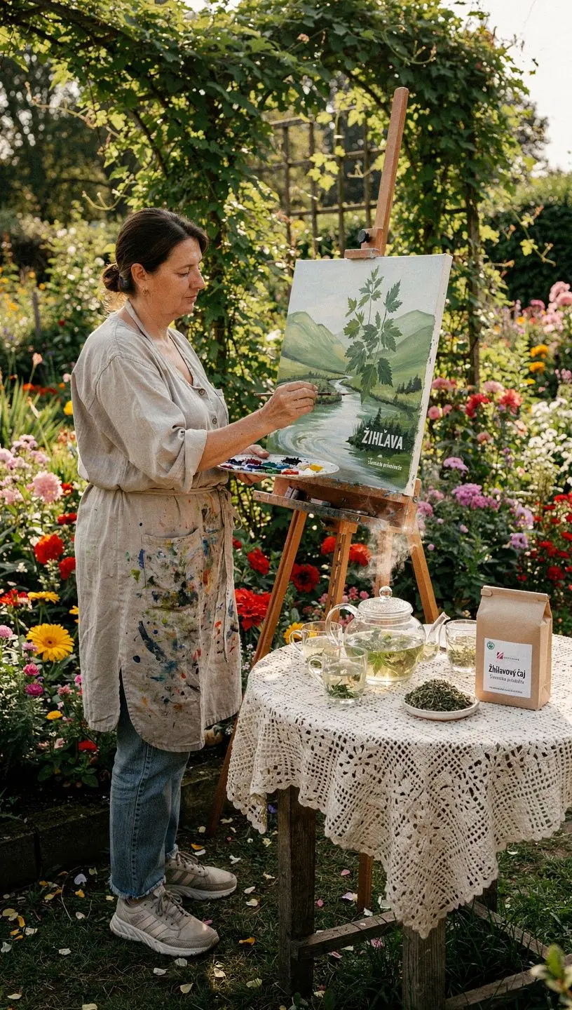 Zelený čaj s extraktom z žihľavy v šálke, obklopený čerstvými bylinkami.