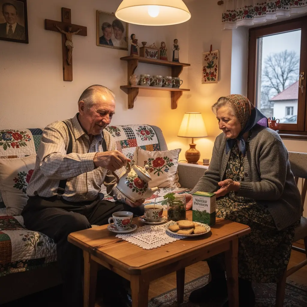 Záber na čerstvé listy žihľavy rozložené na drevenom stole, pripravené na prípravu čaju.